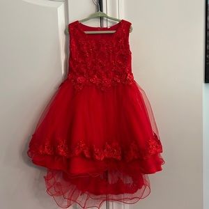 Red Hi-Lo dress with floral lace accents